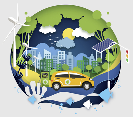 illustration of globe with green technologies and living things representing the environment