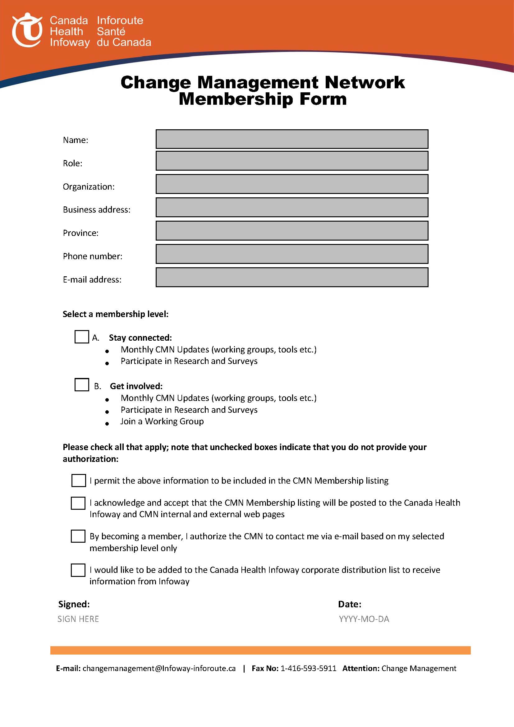 change management network membership form canada health infoway fax attention form